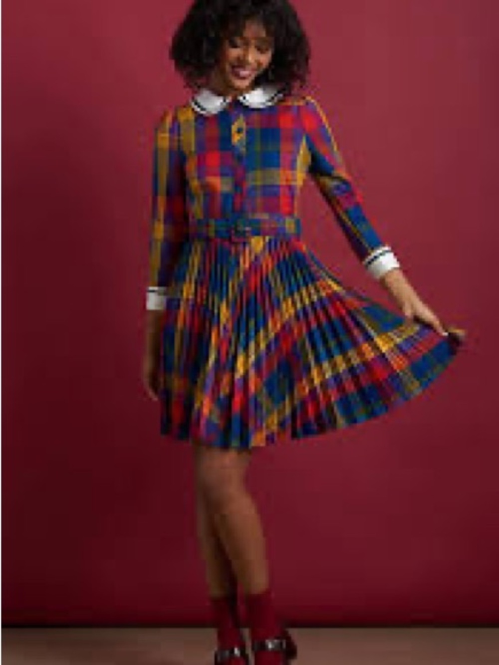 Modcloth Multicolor Plaid Pleated Dress with White Peter Pan Collar